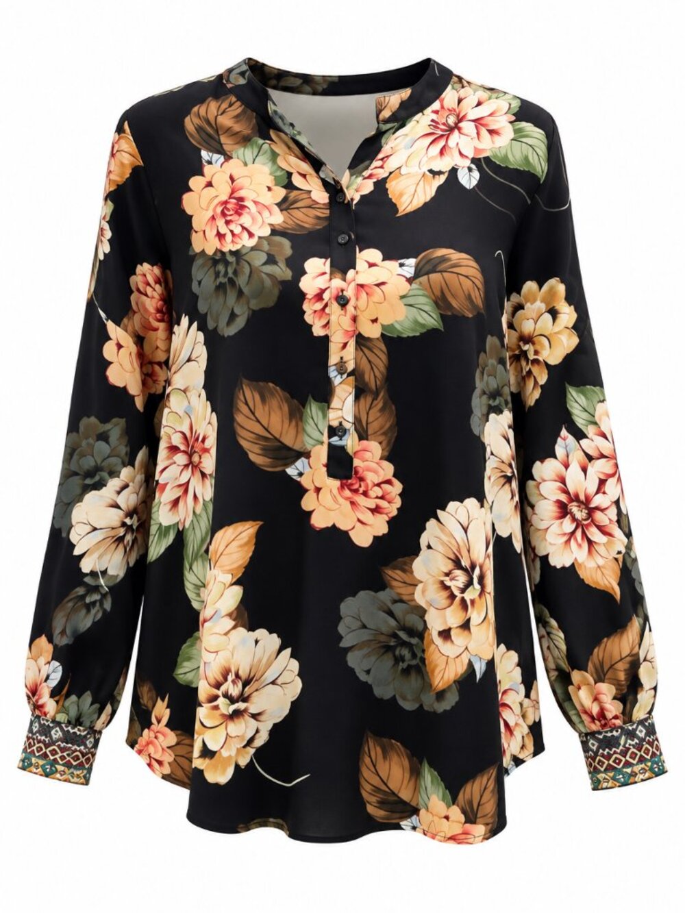 Johnny Was Women's Black Floral Silk Long Sleeve Button Down Size Small